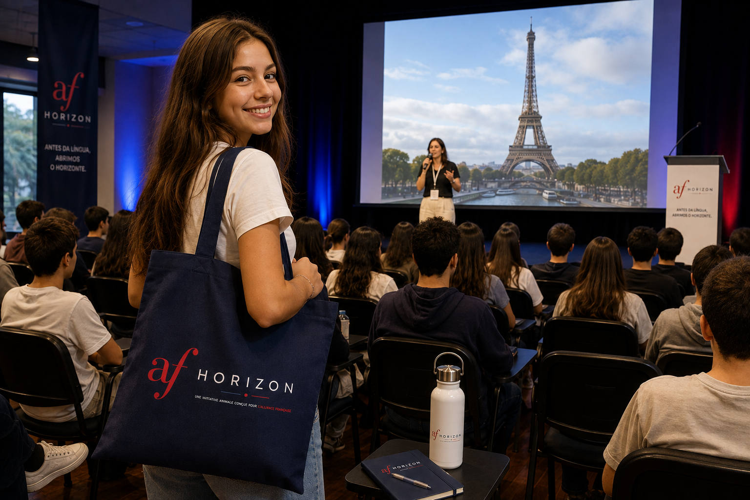 Estudantes no auditório do AF Horizon com ecobag oficial, facilitadora e telão com a Torre Eiffel