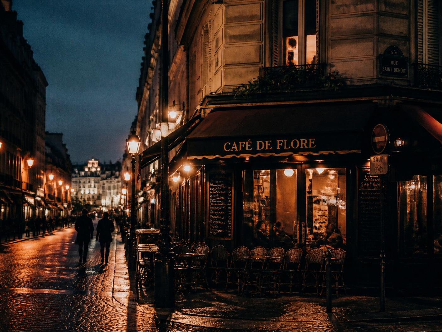 Rua parisiense com café clássico ao entardecer