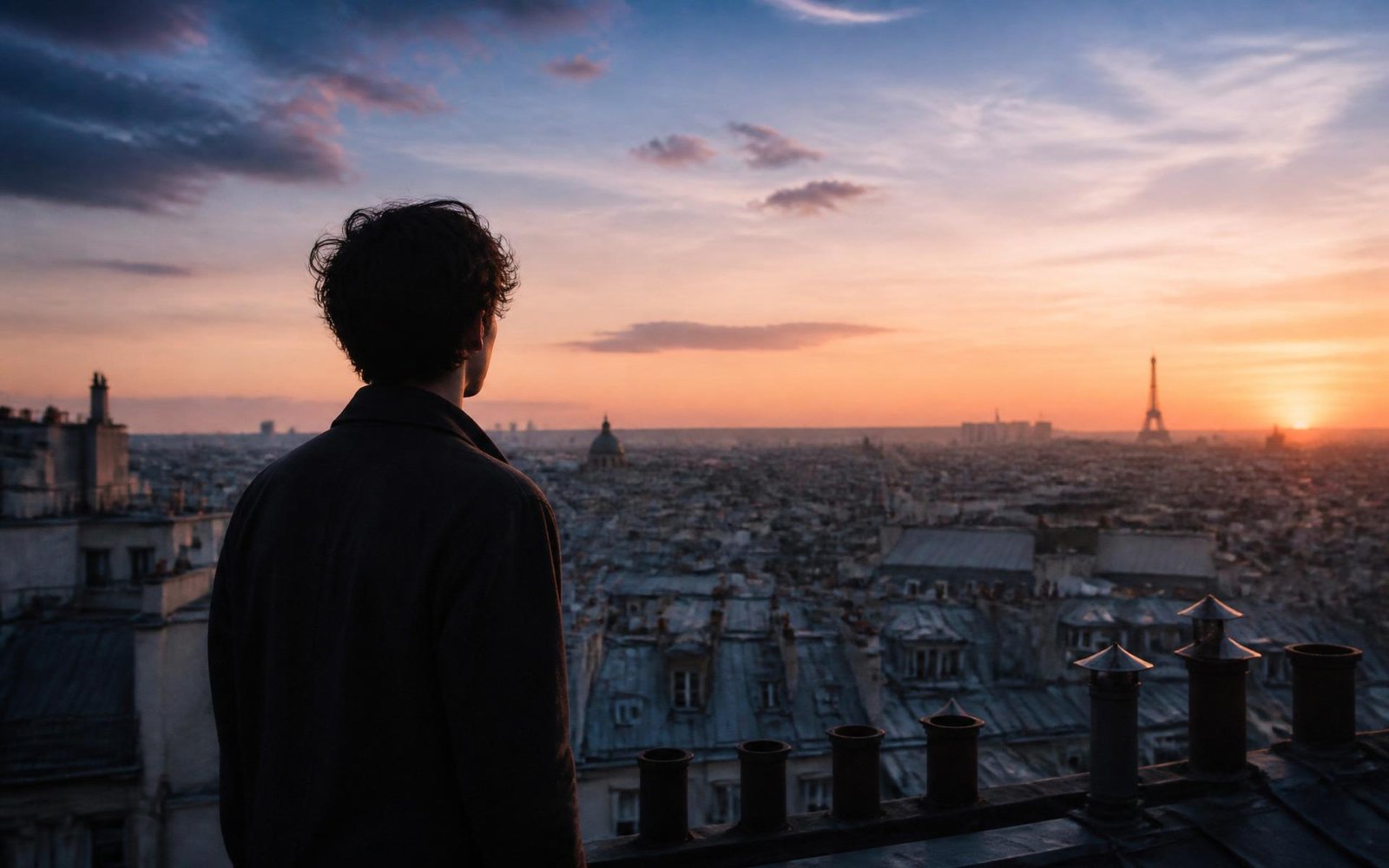 Jovem observando o horizonte de Paris ao pôr do sol